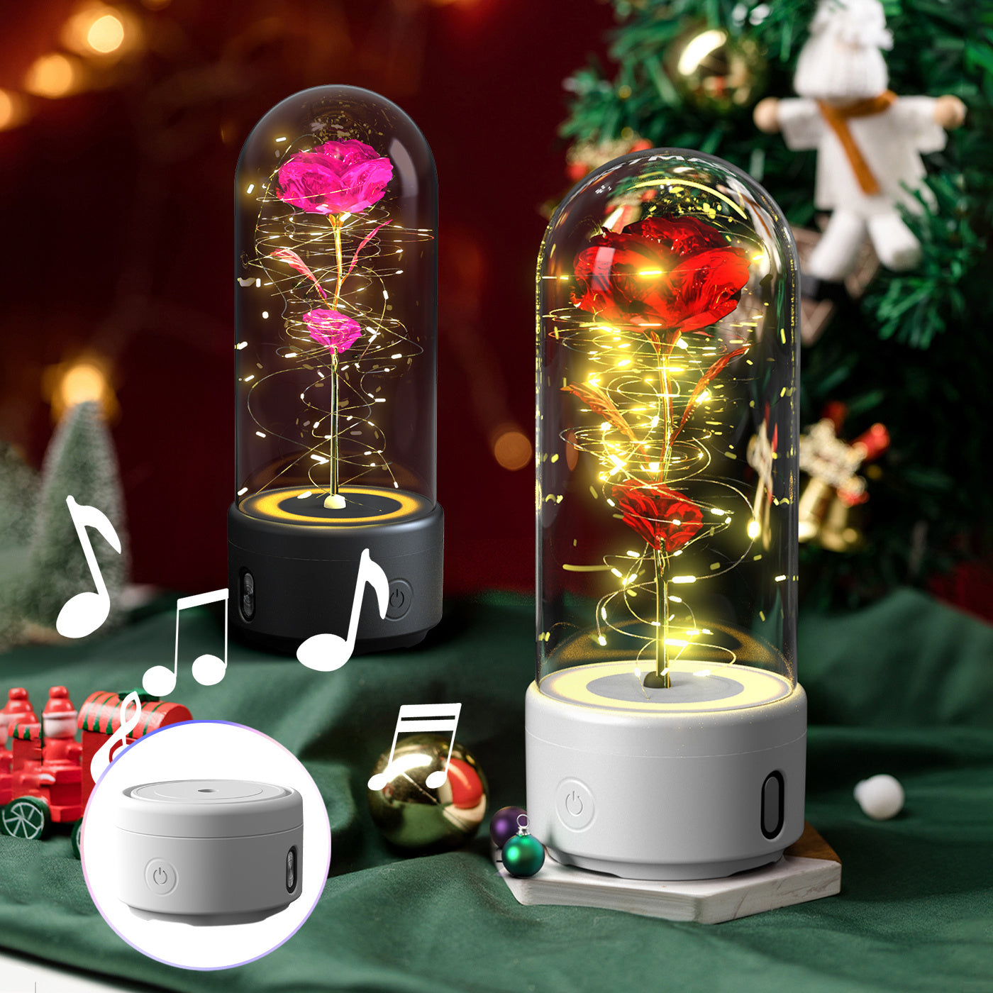2-in-1 Rose LED Light with Bluetooth Speaker – Romantic Glass Dome Night Light Gift for Valentine's Day - SmartPlaceShop