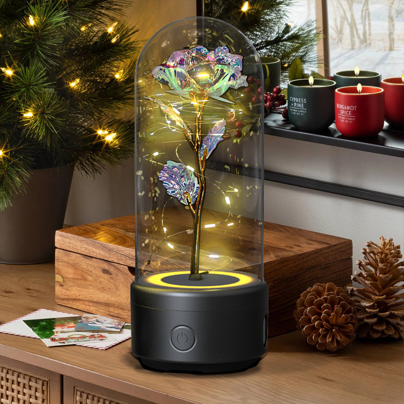 2-in-1 Rose LED Light with Bluetooth Speaker – Romantic Glass Dome Night Light Gift for Valentine's Day - SmartPlaceShop