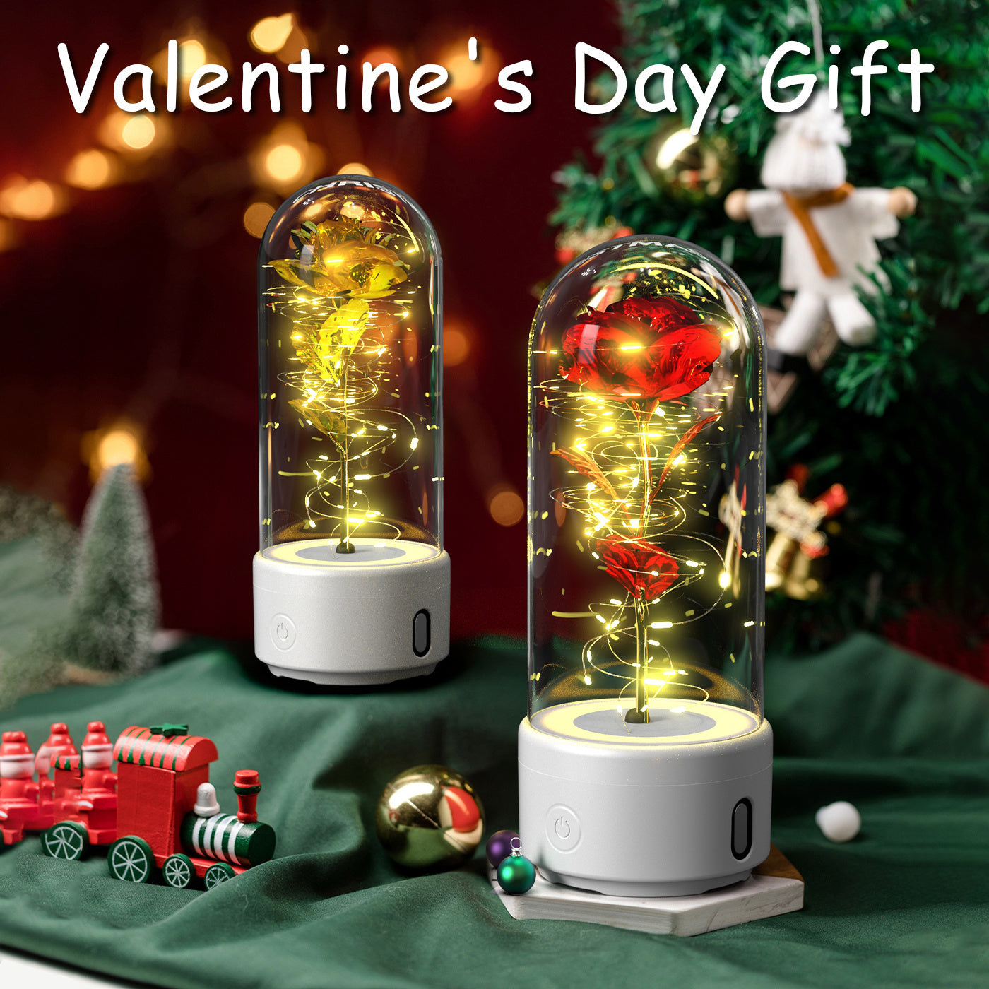 2-in-1 Rose LED Light with Bluetooth Speaker – Romantic Glass Dome Night Light Gift for Valentine's Day - SmartPlaceShop