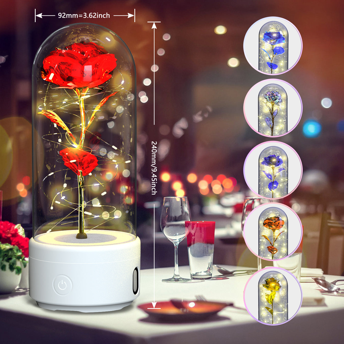 2-in-1 Rose LED Light with Bluetooth Speaker – Romantic Glass Dome Night Light Gift for Valentine's Day - SmartPlaceShop