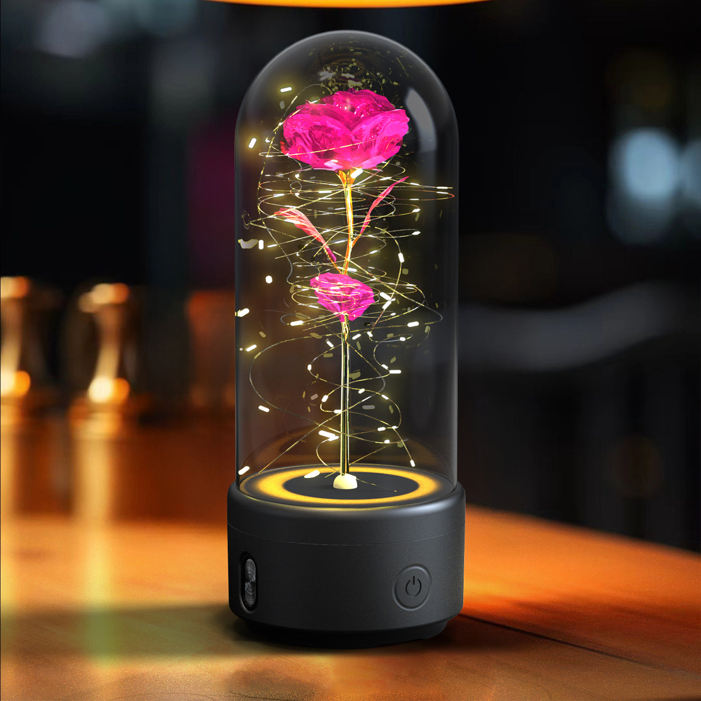 2-in-1 Rose LED Light with Bluetooth Speaker – Romantic Glass Dome Night Light Gift for Valentine's Day - SmartPlaceShop