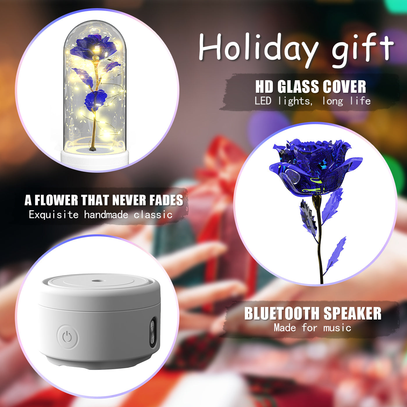 2-in-1 Rose LED Light with Bluetooth Speaker – Romantic Glass Dome Night Light Gift for Valentine's Day - SmartPlaceShop
