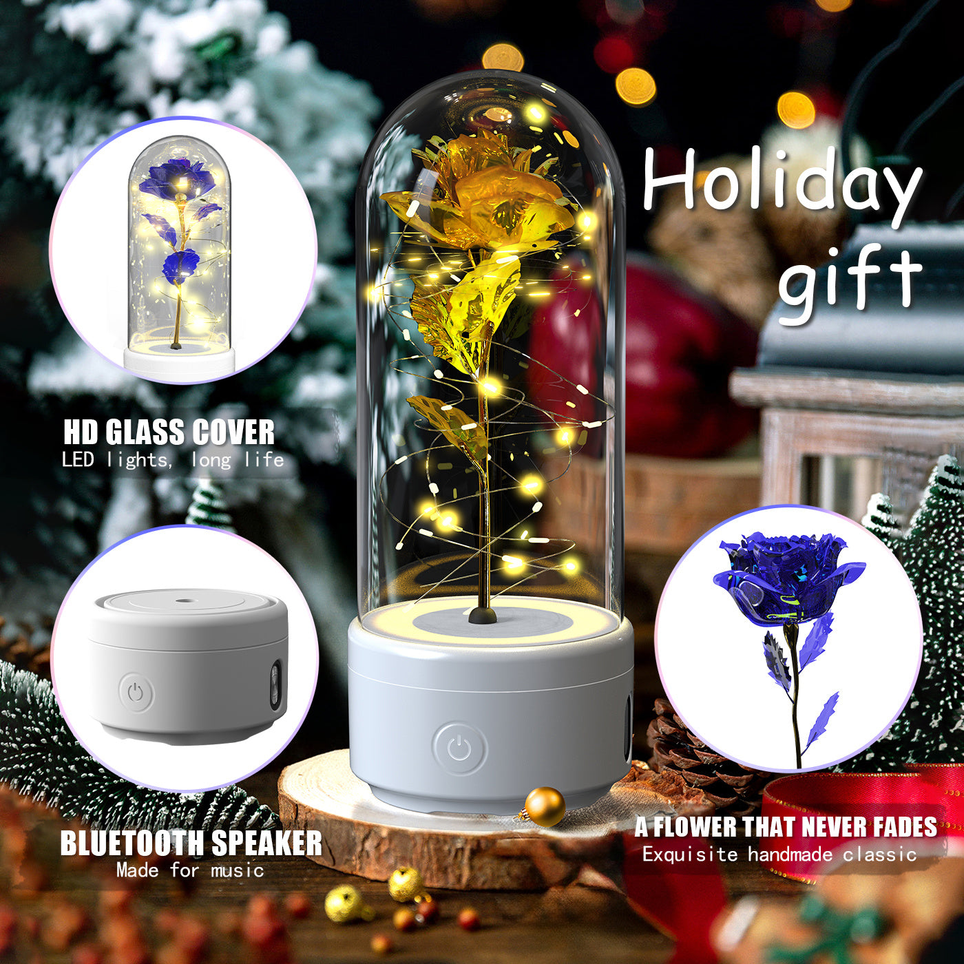 2-in-1 Rose LED Light with Bluetooth Speaker – Romantic Glass Dome Night Light Gift for Valentine's Day - SmartPlaceShop