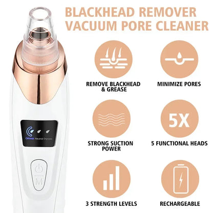USB Rechargeable Blackhead Remover Vacuum – Deep Pore Cleaner with 5 Suction Heads for Acne & Comedone Extraction - SmartPlaceShop