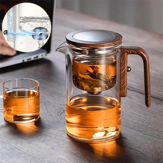 One Click Magnetic Teapot – Glass Tea Pot with Wooden Handle & Separation Filtration - SmartPlaceShop