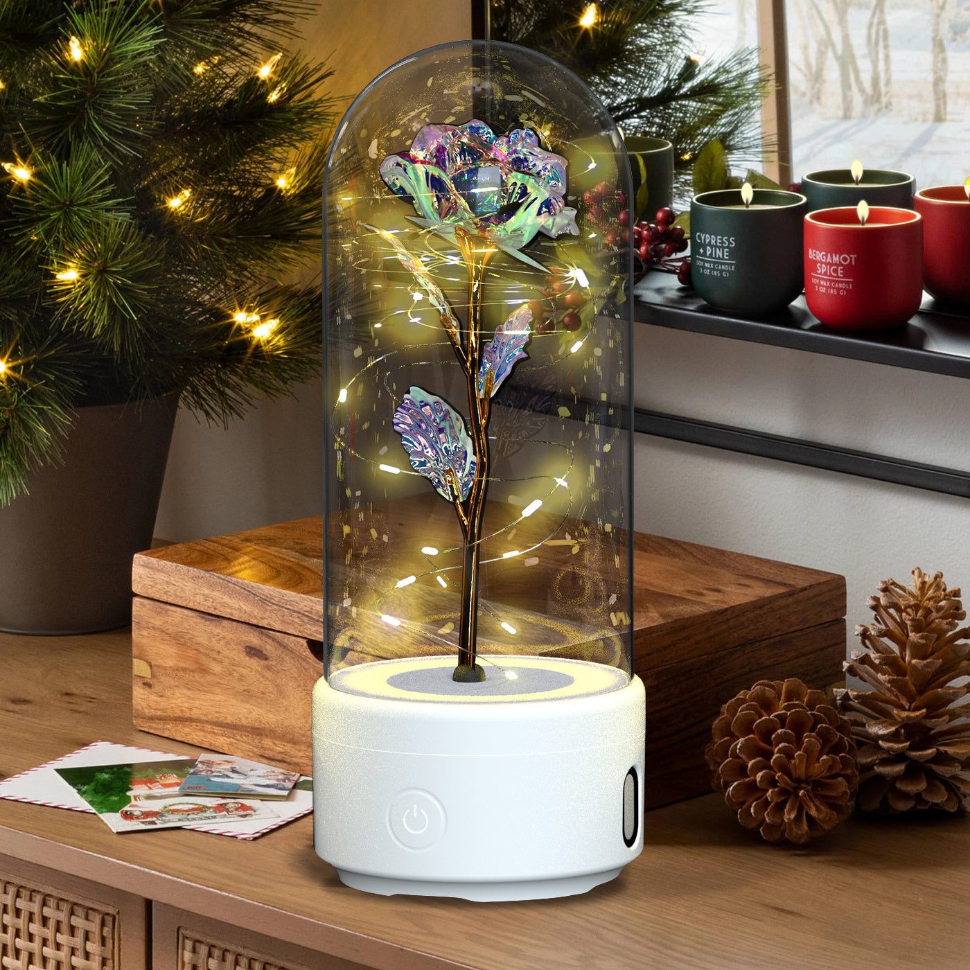 2-in-1 Rose LED Light with Bluetooth Speaker – Romantic Glass Dome Night Light Gift for Valentine's Day - SmartPlaceShop